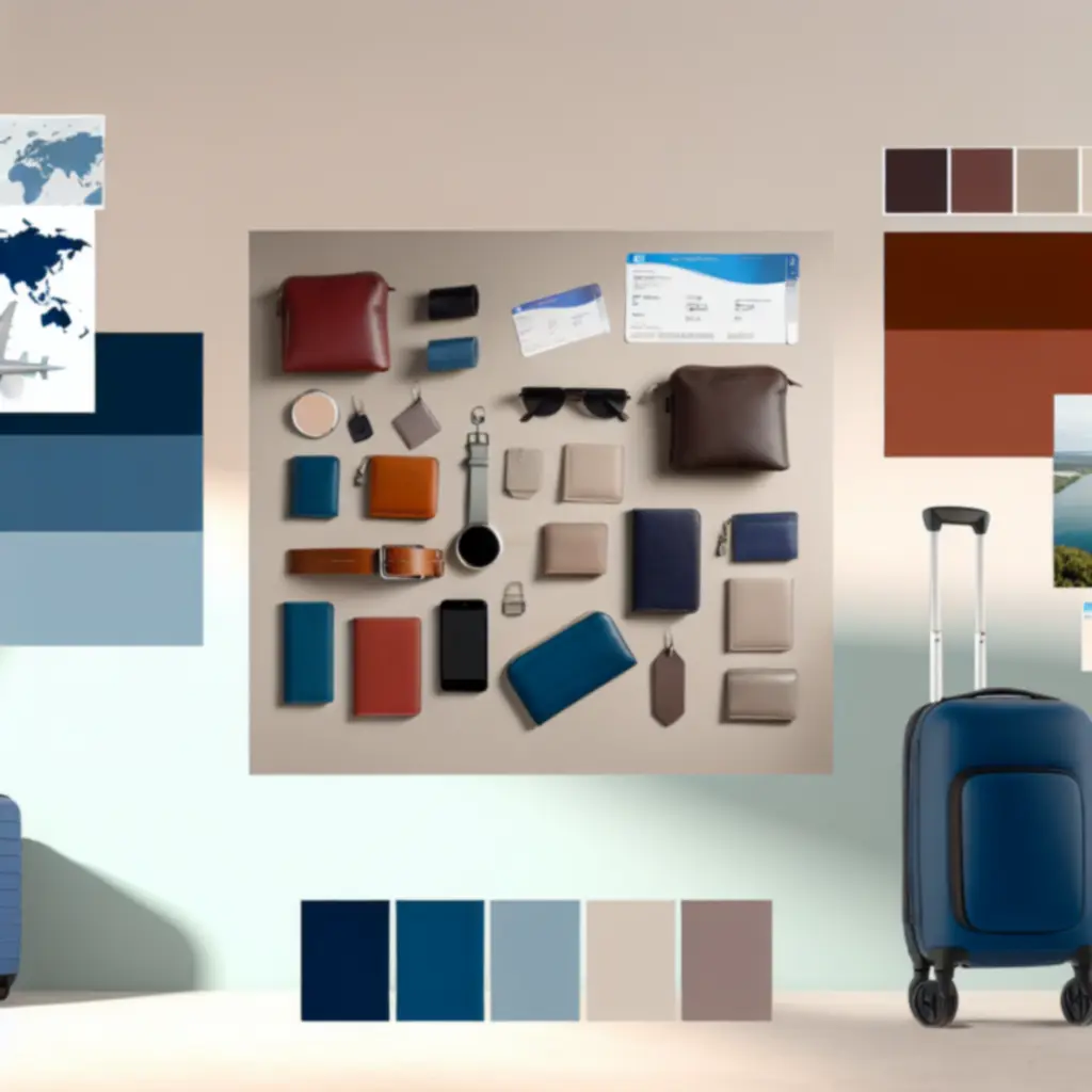 Zestaw nowoczesnych akcesoriów podróżnych TravelGearX ułożonych obok walizki