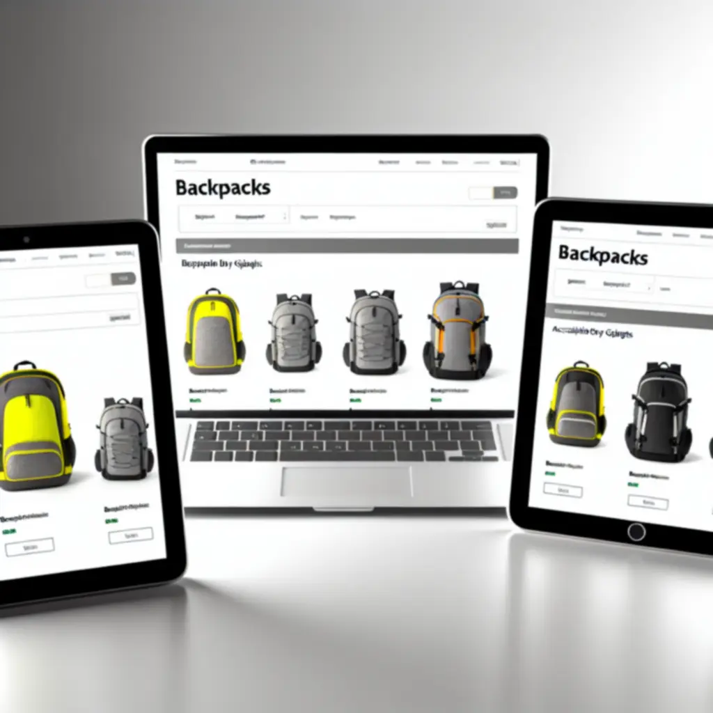 Responsywny widok kategorii plecaków na telefonie, tablecie i laptopie